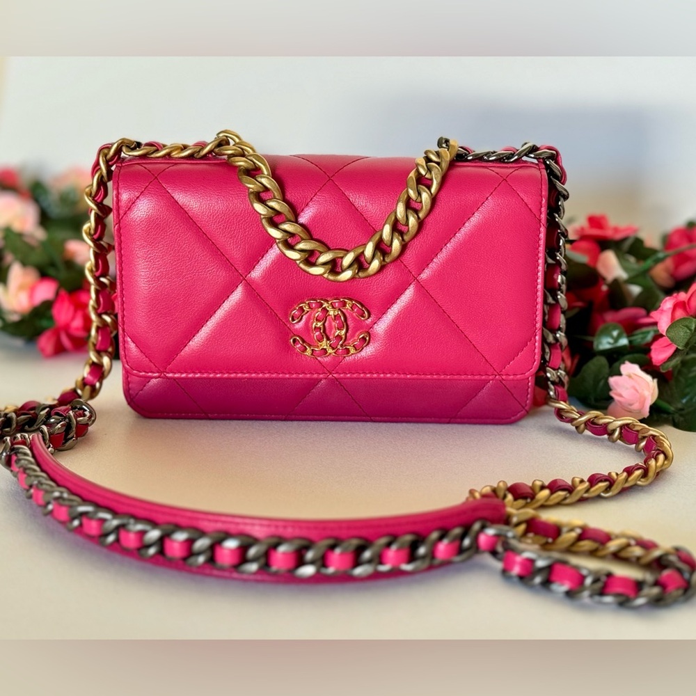 Chanel Hot Pink Quilted Lambskin Chanel 19 Wallet On Chain